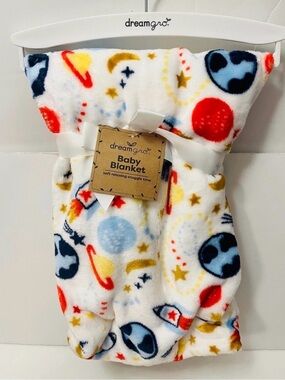 DreamGro White Baby Blanket Astronomy Planets Rocket Ship Stars Earth Saturn